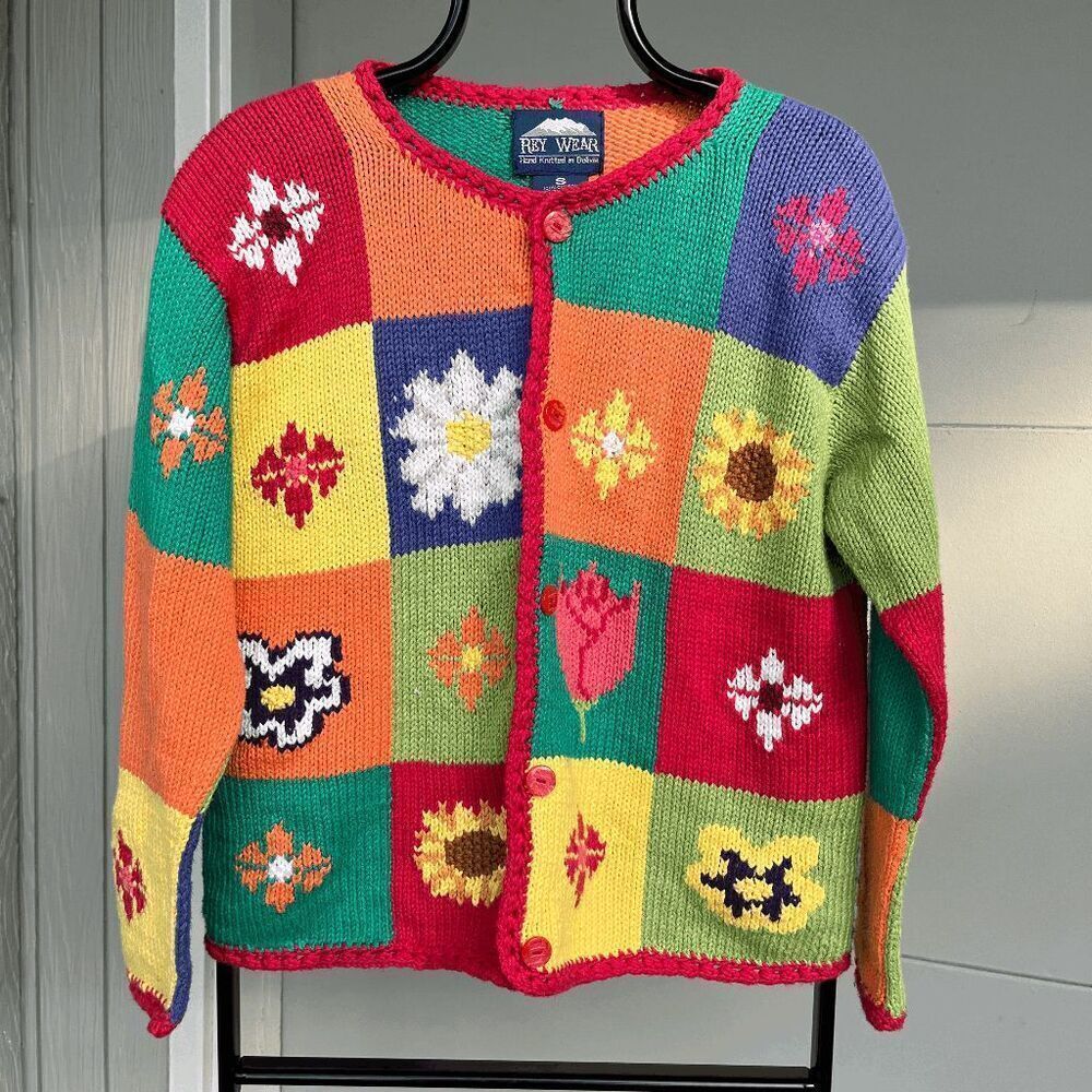 Vintage 90s Rey Wear Hand-Knitted Floral Patchwork Cardigan – 100% Cotton